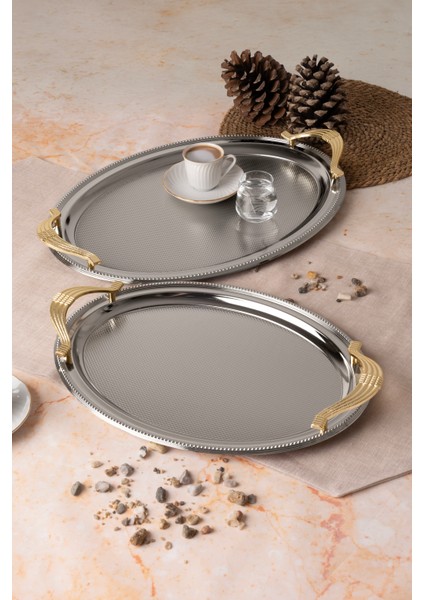 Metal Gold & Gümüş 2’li Oval Tepsi Seti – Zarif Desenli Servis ve Sunum Tepsisi, Kararmaz, Solmaz