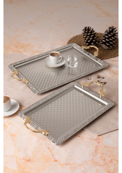 Metal Gümüş & Gold 2’li Tepsi Seti – Işlemeli Altın Kulplu Servis ve Sunum Tepsisi, Kararmaz, Solmaz