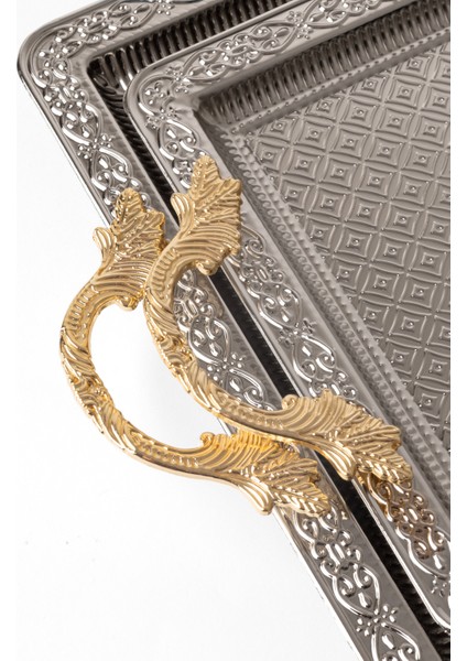 Metal Gümüş & Gold 2’li Tepsi Seti – Işlemeli Altın Kulplu Servis ve Sunum Tepsisi, Kararmaz, Solmaz modelleri