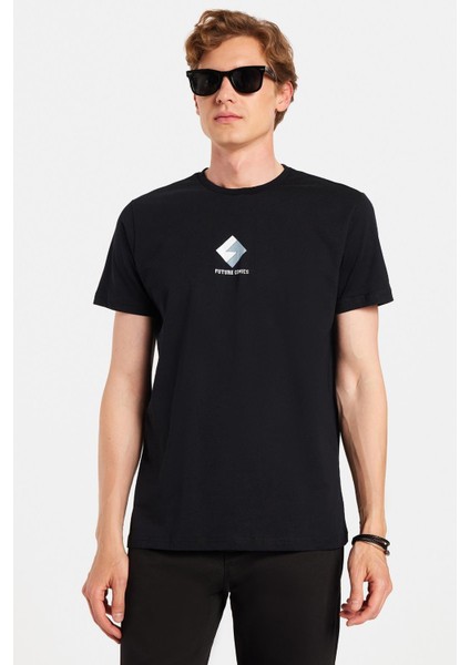 Erkek Slim Fit Dar Kesim %100 Pamuk Yumuşak Dokulu Baskılı Siyah Bisiklet Yaka Tişört fırsatları