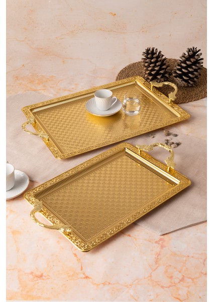 Metal Gümüş & Gold 2’li Tepsi Seti – Işlemeli Altın Kulplu Servis ve Sunum Tepsisi, Kararmaz, Solmaz