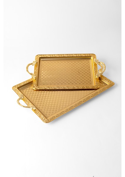 Metal Gümüş & Gold 2’li Tepsi Seti – Işlemeli Altın Kulplu Servis ve Sunum Tepsisi, Kararmaz, Solmaz fiyatları