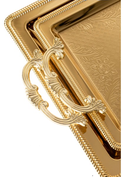 Metal Gümüş & Gold 2’li Tepsi Seti – Işlemeli Altın Kulplu Servis ve Sunum Tepsisi, Kararmaz, Solmaz modelleri