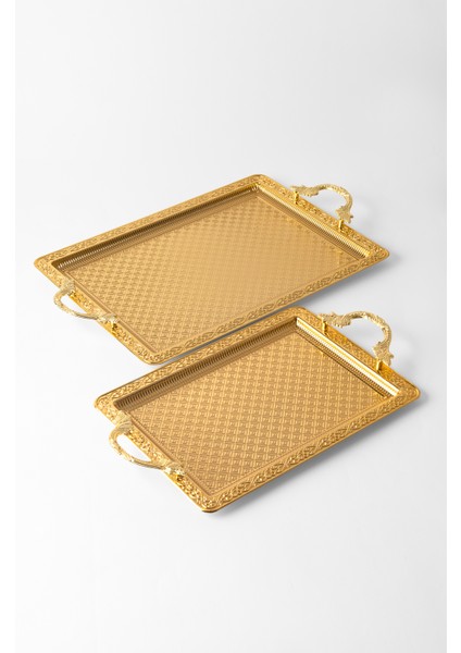 Metal Gümüş & Gold 2’li Tepsi Seti – Işlemeli Altın Kulplu Servis ve Sunum Tepsisi, Kararmaz, Solmaz indirimleri