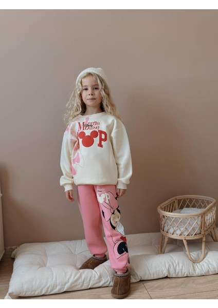 Minnie Dijital Baskılı Şardonlu 3 Iplik Sweatshirt-Eşofman Altı Kışlık Kız Çocuk Takım modelleri