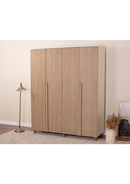 İtra 4 Kapaklı Gardırop – Krem Gövde, Meşe MDFLAM Kapak