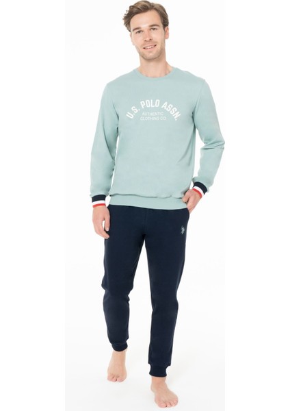 Erkek Bisiklet Yaka Uzun Kollu Pijama Takımı S26943 Bantlı Paça Rahat Kumaş Cepli