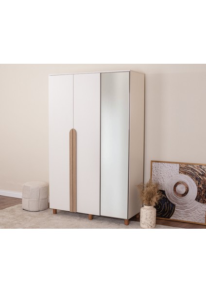 İtra 3 Kapaklı Gardırop – Krem Gövde, Krem MDFLAM, Aynalı Kapak