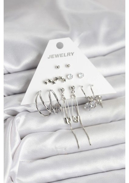 Gümüş Renk 6'lı Pirinç Küpe Seti