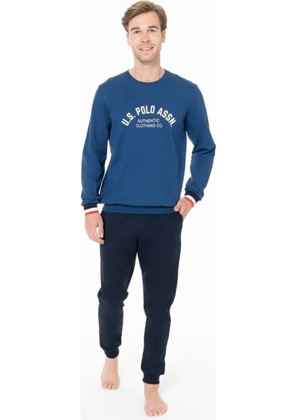 Erkek Bisiklet Yaka Uzun Kollu Pijama Takımı S26943 Bantlı Paça Rahat Kumaş Cepli