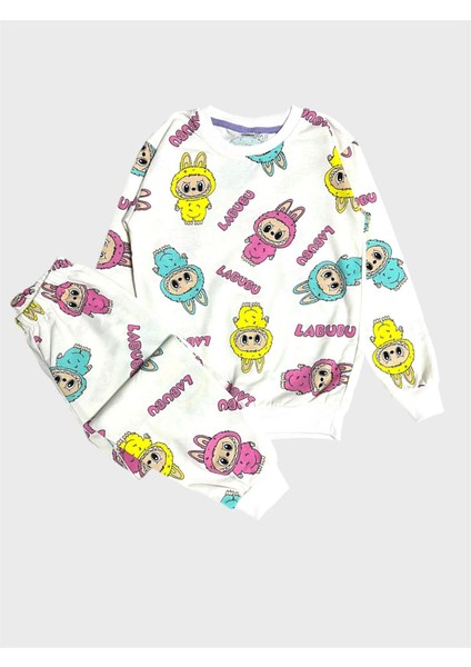 Kız Çocuk Pamuklu Beyaz Labubu Desenli Uzun Kollu Mevsimlik Pijama Takımı