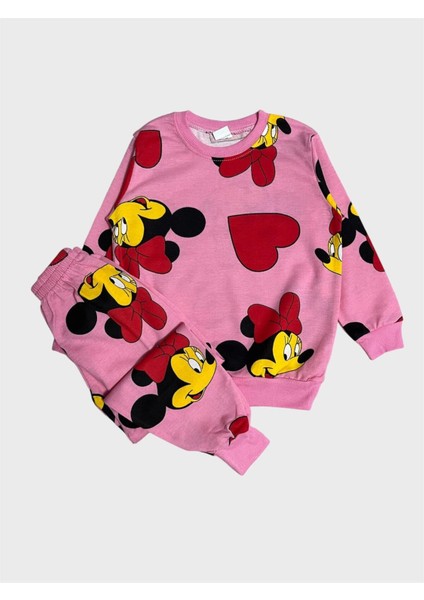 Kız Çocuk Pamuklu Pembe Kalp Desenli Uzun Kollu Mevsimlik Pijama Takımı