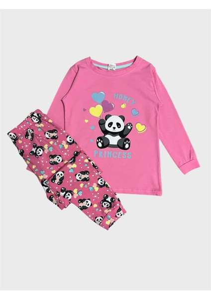 Kız Çocuk Pamuklu Pembe Panda Desenli Mevsimlik Uzun Kollu Pijama Takımı