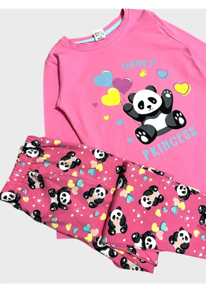 Kız Çocuk Pamuklu Pembe Panda Desenli Mevsimlik Uzun Kollu Pijama Takımı modelleri
