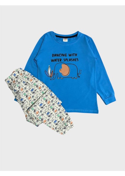 Erkek Çocuk Pamuklu Mavi Renk Fil Desenli Mevsimlik Uzun Kollu Pijama Takımı