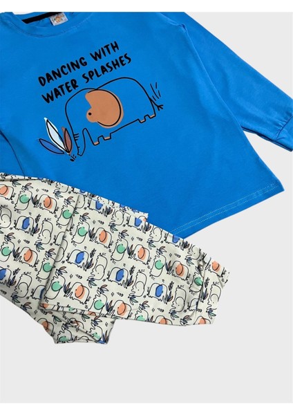 Erkek Çocuk Pamuklu Mavi Renk Fil Desenli Mevsimlik Uzun Kollu Pijama Takımı fiyatları