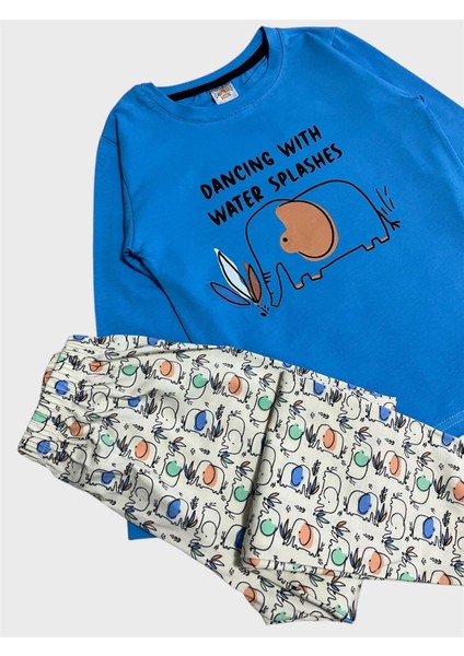 Erkek Çocuk Pamuklu Mavi Renk Fil Desenli Mevsimlik Uzun Kollu Pijama Takımı modelleri