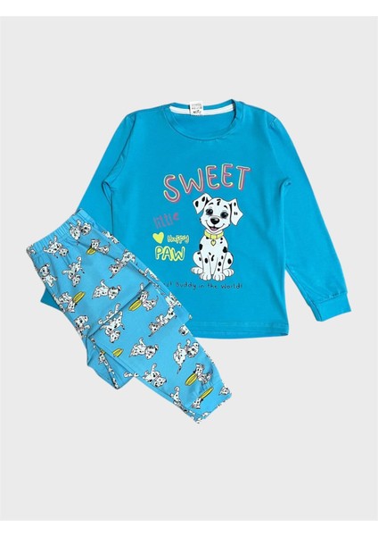 Erkek Çocuk Pamuklu Mavi Sevimli Köpek Desenli Mevsimlik Uzun Kollu Pijama Takımı