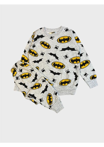 Erkek Çocuk Pamuklu Şardonlu Gri Uzun Kollu Kışlık Pijama Takımı