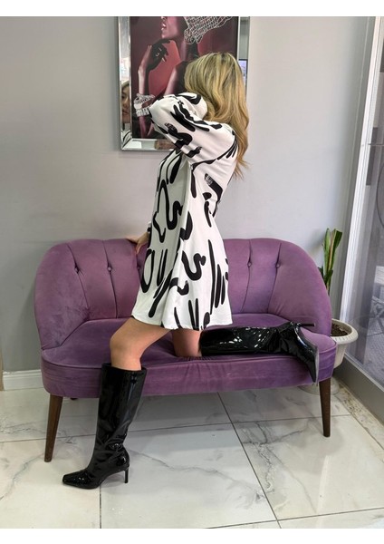 Kadın Uzun Kollu Yarı Balıkçı Yaka Desenli Kısa Dalgıç Elbise fiyatları