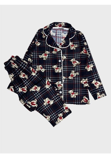 Anne-Kız Çocuk Pamuklu Süet Kumaş Lacivert Ayıcık Desenli Gömlek Yaka Düğmeli Pijama Takımı