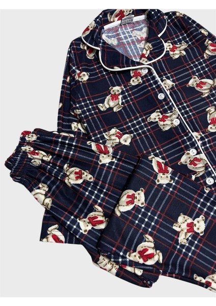 Anne-Kız Çocuk Pamuklu Süet Kumaş Lacivert Ayıcık Desenli Gömlek Yaka Düğmeli Pijama Takımı modelleri