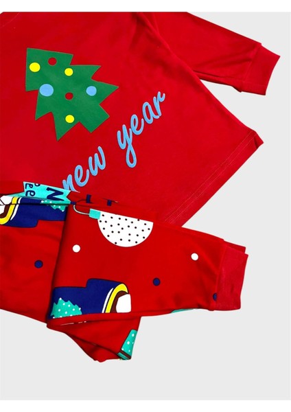 Kız Çocuk %100 Pamuklu Kırmızı Çam Yeni Yıl Temalı Uzun Kollu Pijama Takımı fırsatları