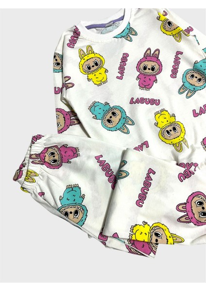 Kız Çocuk Pamuklu Beyaz Labubu Desenli Uzun Kollu Mevsimlik Pijama Takımı modelleri