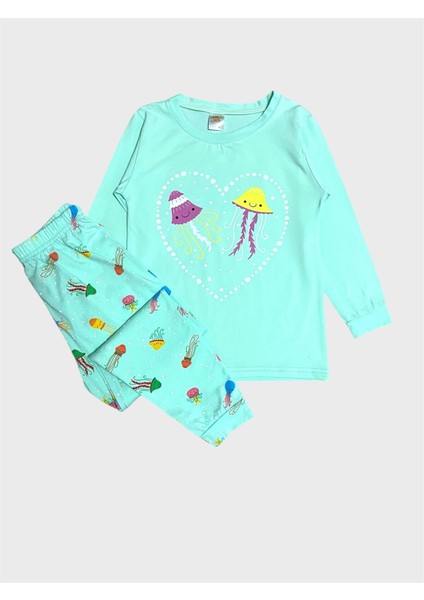 Kız Çocuk Pamuklu Su Yeşili Deniz Anası Desenli Mevsimlik Uzun Kollu Pijama Takımı