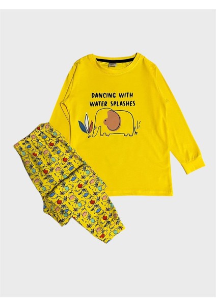 Erkek Çocuk Pamuklu Sarı Fil Desenli Mevsimlik Uzun Kollu Pijama Takımı
