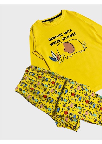 Erkek Çocuk Pamuklu Sarı Fil Desenli Mevsimlik Uzun Kollu Pijama Takımı modelleri