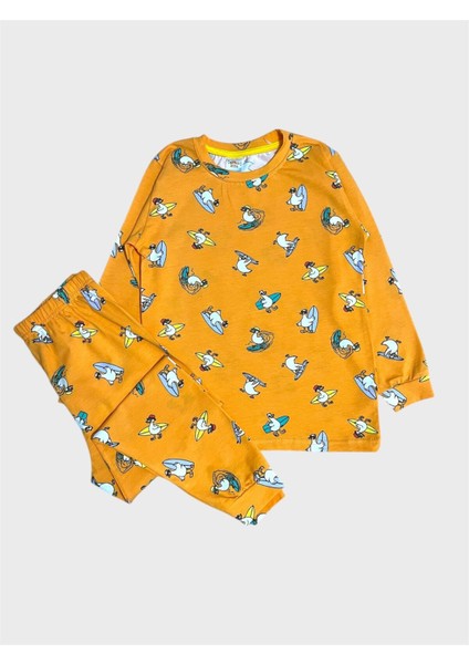 Erkek Çocuk Pamuklu Turuncu Ördek Kaykay Desenli Mevsimlik Uzun Kollu Pijama Takımı