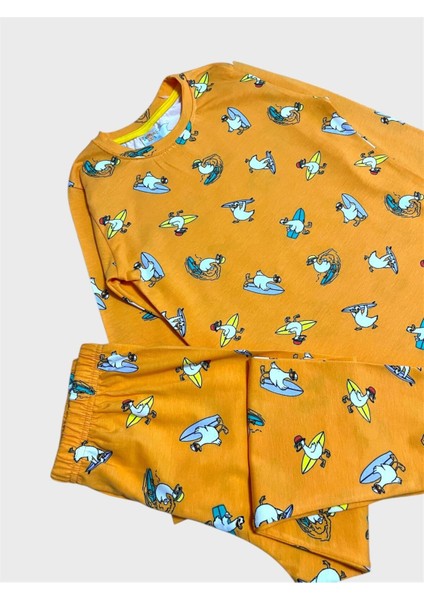 Erkek Çocuk Pamuklu Turuncu Ördek Kaykay Desenli Mevsimlik Uzun Kollu Pijama Takımı modelleri