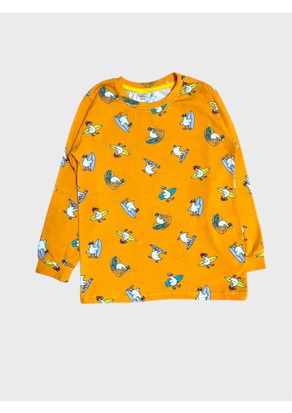 Erkek Çocuk Pamuklu Turuncu Ördek Kaykay Desenli Mevsimlik Uzun Kollu Pijama Takımı fırsatları
