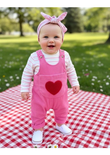 Kalp Punch Işlemeli Badili Salopet Takım - Pembe