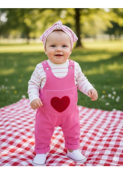Kalp Punch Işlemeli Badili Salopet Takım - Pembe modelleri