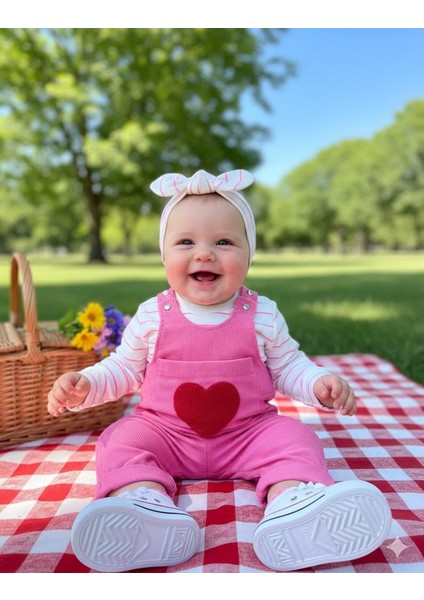 Kalp Punch Işlemeli Badili Salopet Takım - Pembe fırsatları