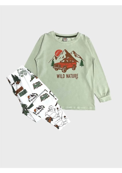 Erkek Çocuk Pamuklu Yeşil Beyaz Araba Desenli Mevsimlik Uzun Kollu Pijama Takımı