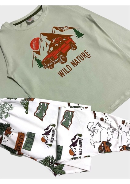 Erkek Çocuk Pamuklu Yeşil Beyaz Araba Desenli Mevsimlik Uzun Kollu Pijama Takımı modelleri