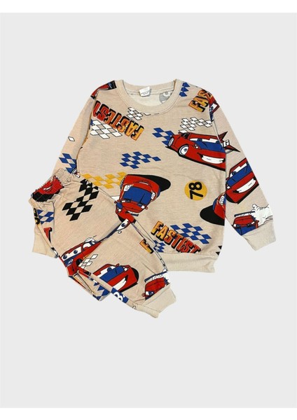 Erkek Çocuk Pamuklu Şardonlu Kahverengi Yarış Arabası Desenli Uzun Kollu Kışlık Pijama Takımı