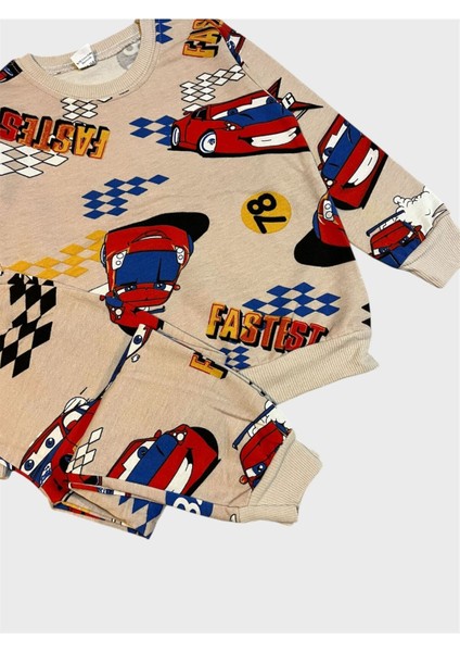 Erkek Çocuk Pamuklu Şardonlu Kahverengi Yarış Arabası Desenli Uzun Kollu Kışlık Pijama Takımı fiyatları
