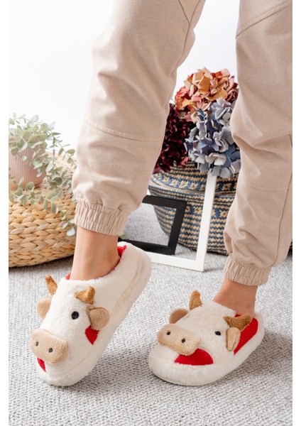 Kadın Öküz Figürlü Sessiz Taban Peluş Ev Terliği fiyatları