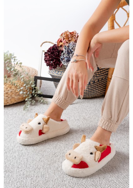 Kadın Öküz Figürlü Sessiz Taban Peluş Ev Terliği modelleri