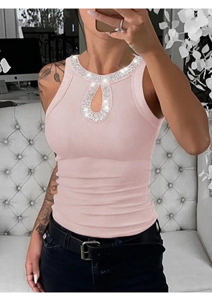 Kadın Halter Kollu Yuvarlak Taşlı Yaka Damla Detaylı Kaşkorse Bluz