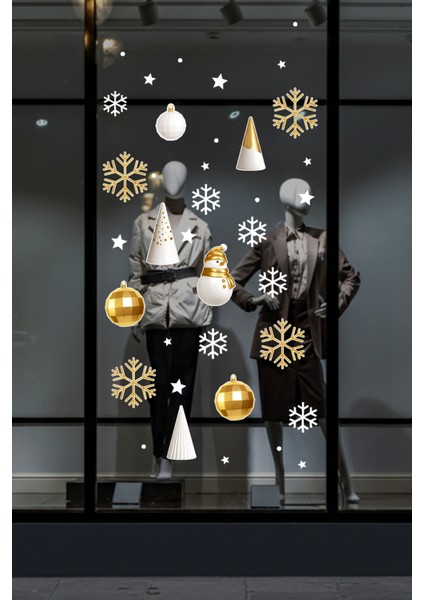 Gold Altın Rengi Balonlar Kar Taneleri Yılbaşı Vitrin Süslemeleri Sticker