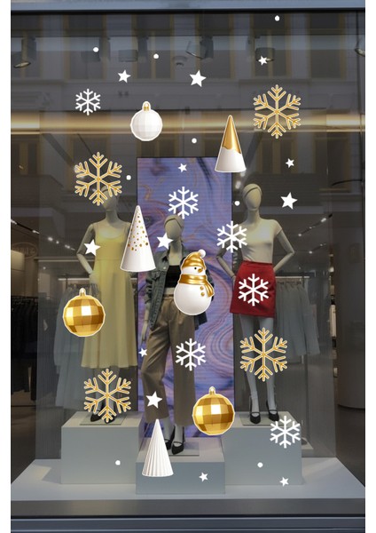 Gold Altın Rengi Balonlar Kar Taneleri Yılbaşı Vitrin Süslemeleri Sticker modelleri