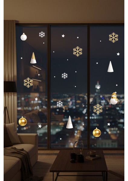 Gold Altın Rengi Balonlar Kar Taneleri Yılbaşı Vitrin Süslemeleri Sticker fırsatları