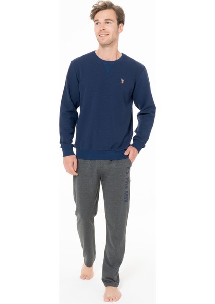 Erkek Bisiklet Yaka Uzun Kollu Pijama Takımı S26933 Rahat Kumaş Cepli