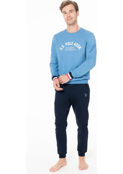 Erkek Bisiklet Yaka Uzun Kollu Pijama Takımı S26943 Bantlı Paça Rahat Kumaş Cepli