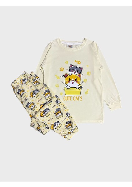 Kız Çocuk Pamuklu Sarı Kedi Desenli Mevsimlik Uzun Kollu Pijama Takımı